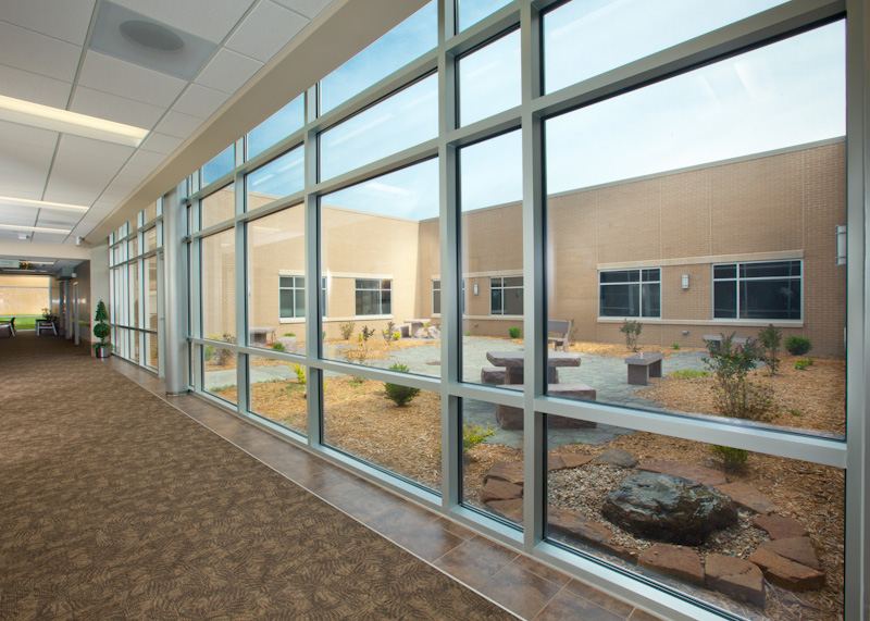 The landscaped courtyard at Fredonia Regional Hospital